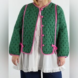 Green Quilted Bomber Jacket with Pink Trim